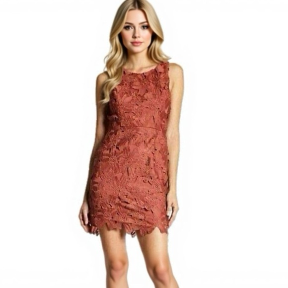 ASTR The Label Rust Floral Lace Sleeveless Mini Bodycon Dress Sheath Womens Sz S - Picture 1 of 9